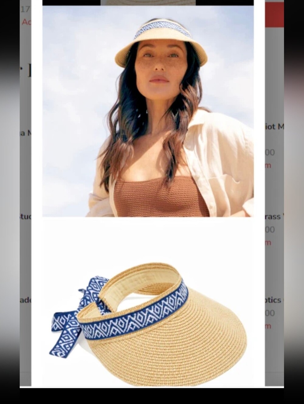 Sea & Grass Woven Straw Sun Visor with Navy Geometric Ribbon Accent